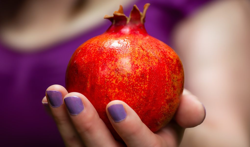 Blog author holding a pomegranate out to the viewer in her hand, with a pale purple nail polish on her fingers